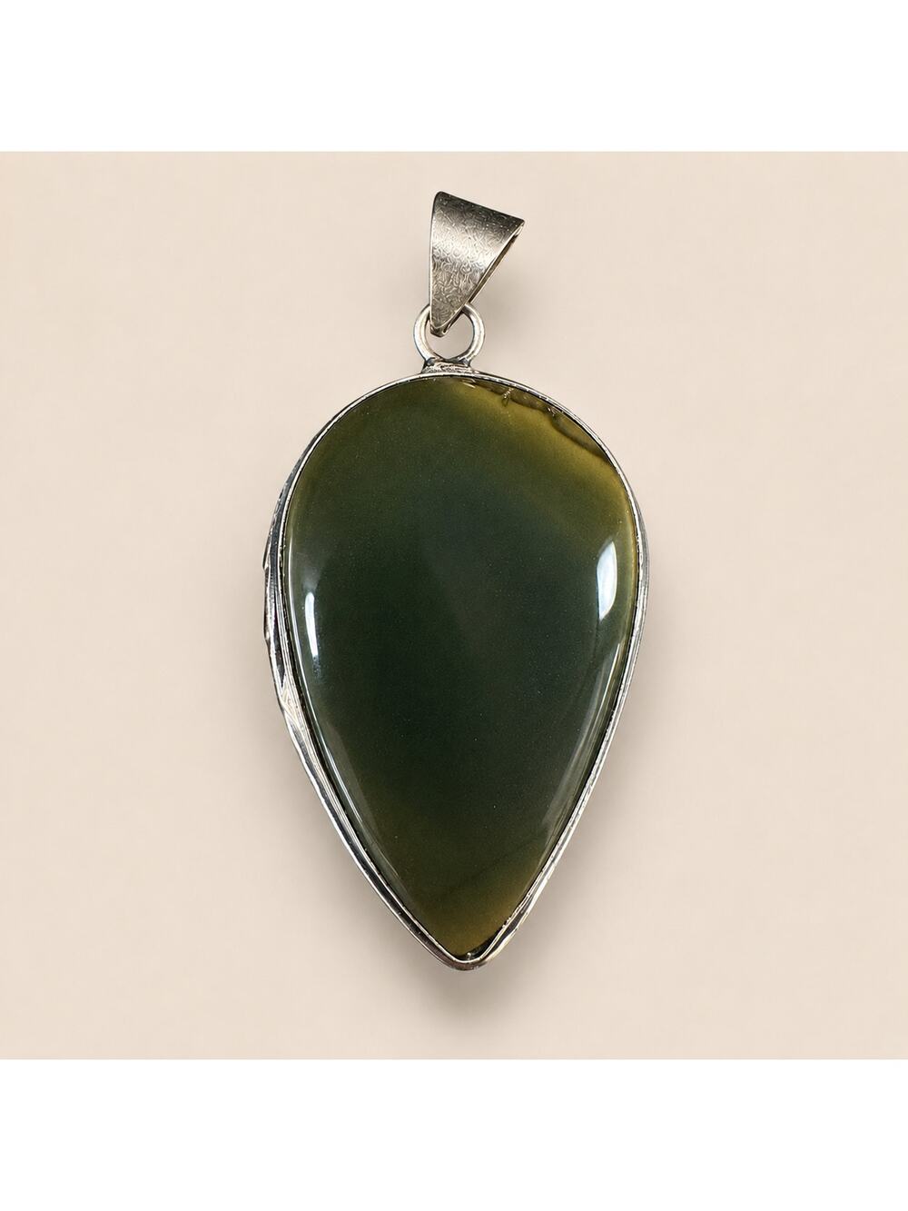 925 Sterling Silver Green Jade Teardrop Pendant Large Cabochon